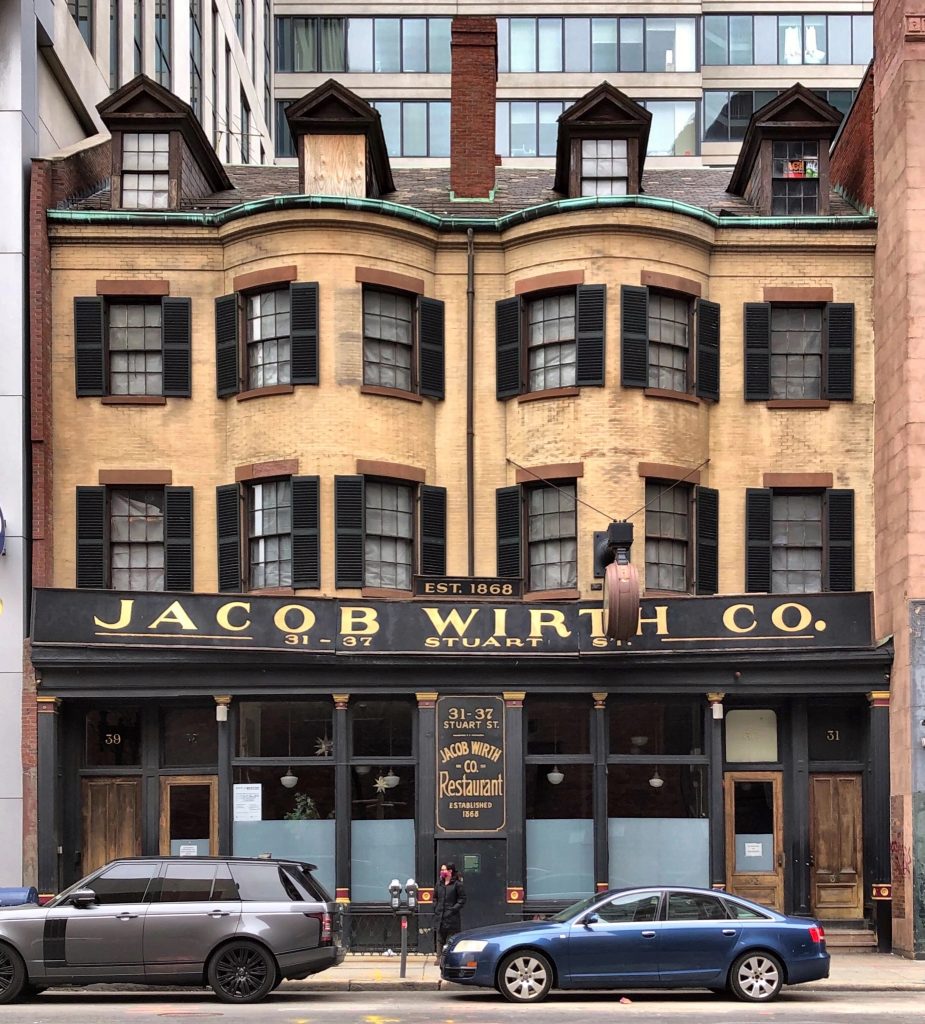 Front of 19th century three-story building containing the former Jacob Wirth Restaurant on the first floor.