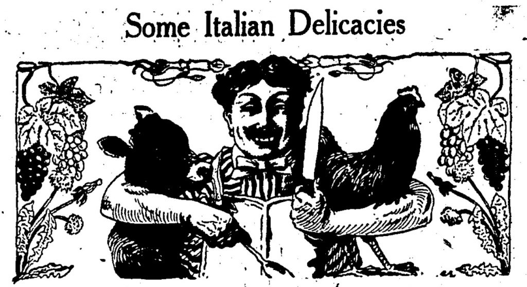 Drawing of a jolly-looking Italian chef holding a knife and chicken in one arm and a calf in the other.