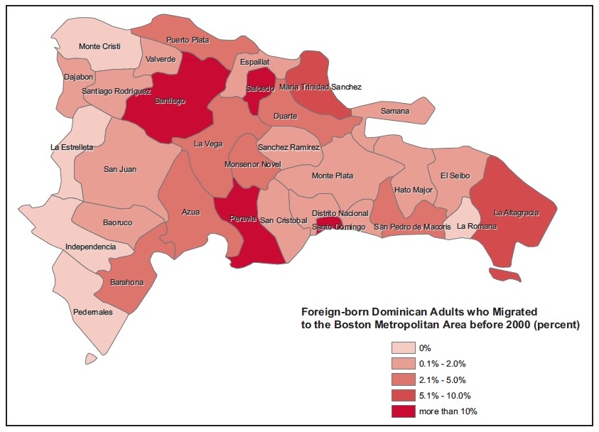 Birth province of Dominicans who immigrated to metro Boston from 1952-1999. From Enrico Marcelli, et al., Permanently Temporary? The Health and Socioeconomic Integration of Dominicans in Metropolitan Boston, Center for Behavioral and Community Health Studies, San Diego State University, 2009.
