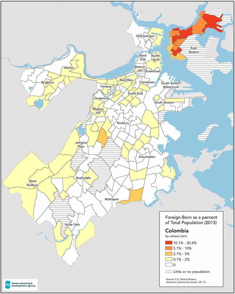 A map of various neighbors in Boston that show the "Foreign-Born as a percent of Total Population from 2013." The map shows that the highest number of foreign-born Colombians live in East Boston, with smaller percentages in Brighton, Allston, the South End, West Roxbury, and Jamaica Plain.