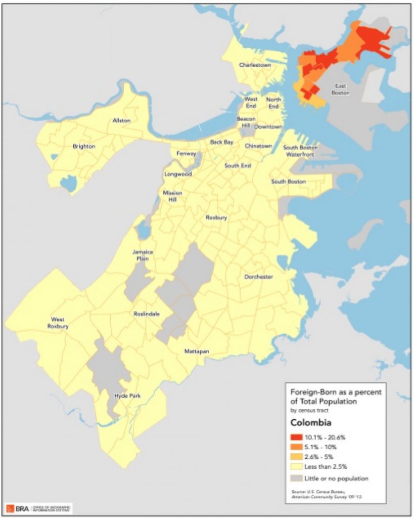 A map of various neighbors in Boston that show the "Foreign-Born as a percent of Total Population" from 2016. The map shows that the highest number of foreign-born Colombians live in East Boston, with smaller percentages elsewhere in the city.