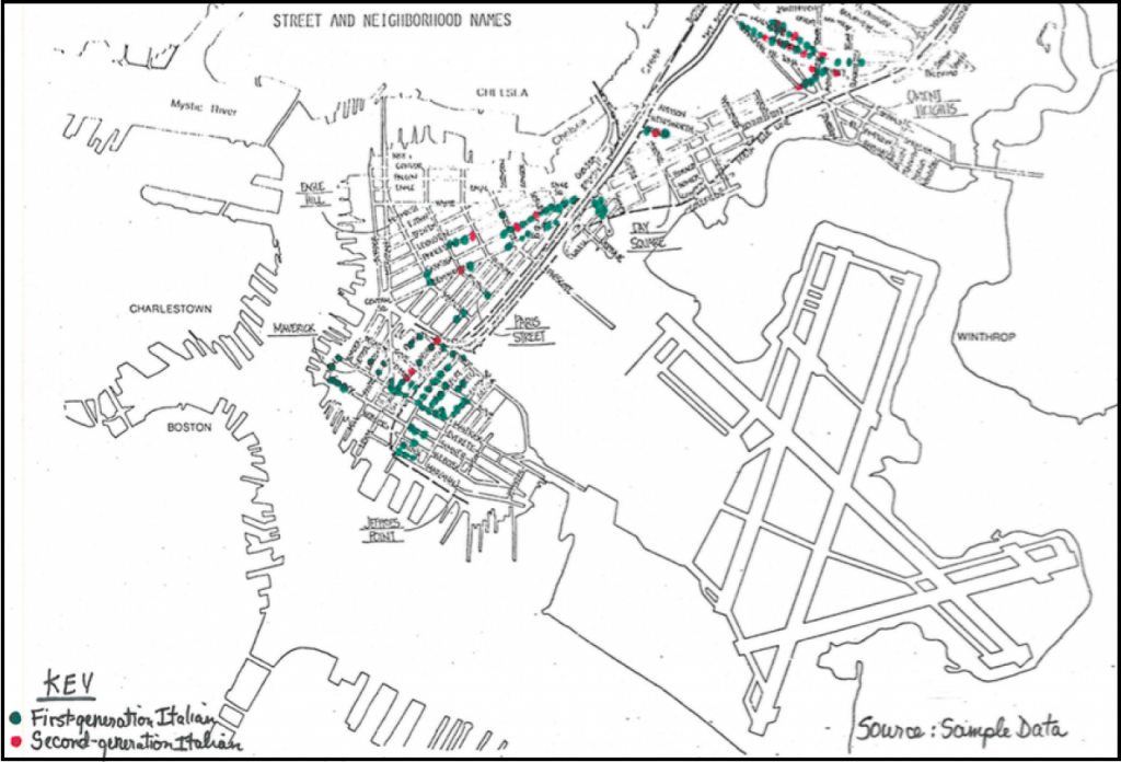 A map denoting the residence of first-generation Italians and second-generation Italians in East Boston. Many Italians are centered around Jeffries Point and Maverick.