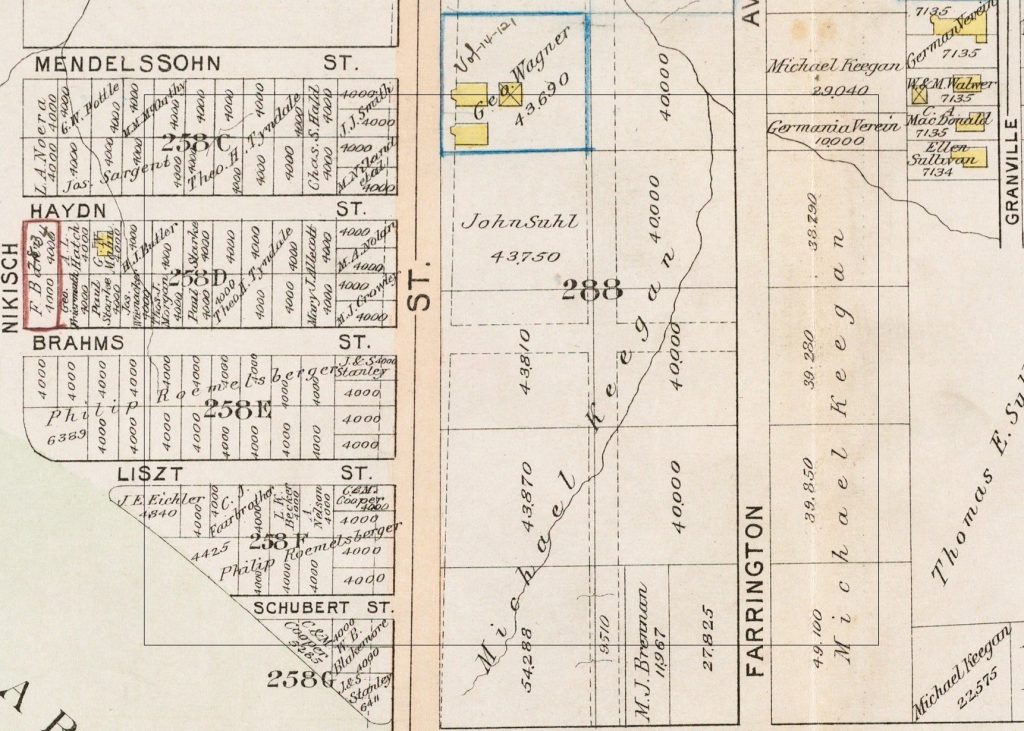 An atlas that depicts Plate 26 of West Roxbury, which includes, Mendelsshon Street, Haydn Street, Brahms Street, Liszt Street, Schubert Street, and Farrington Avenue. The atlas depicts various properties in this area as squares.