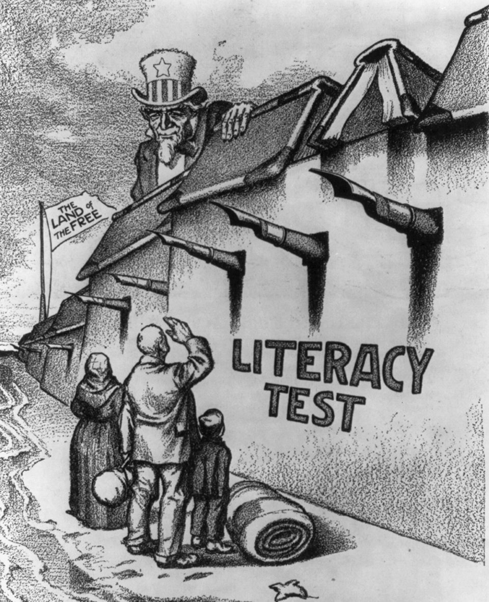 The Boston-based Immigration Restriction League was a key promoter of the 1917 law requiring immigrants to pass a literacy test before entering. This 1916 cartoon shows the literacy bill as a wall built to keep out undesirable immigrants. Courtesy Library of Congress, Prints and Photographs Division.