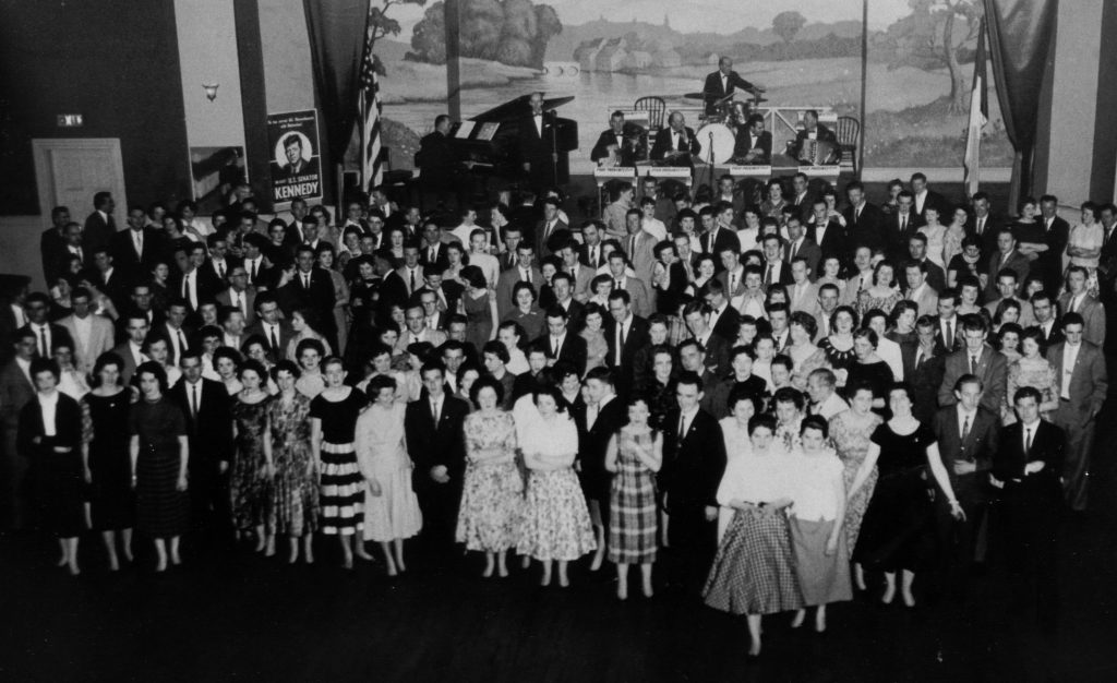 This 1957 dance at the Intercolonial Crystal Ballroom was a fundraiser for John F. Kennedy's senatorial race. The Four Provinces Orchestra is on stage.