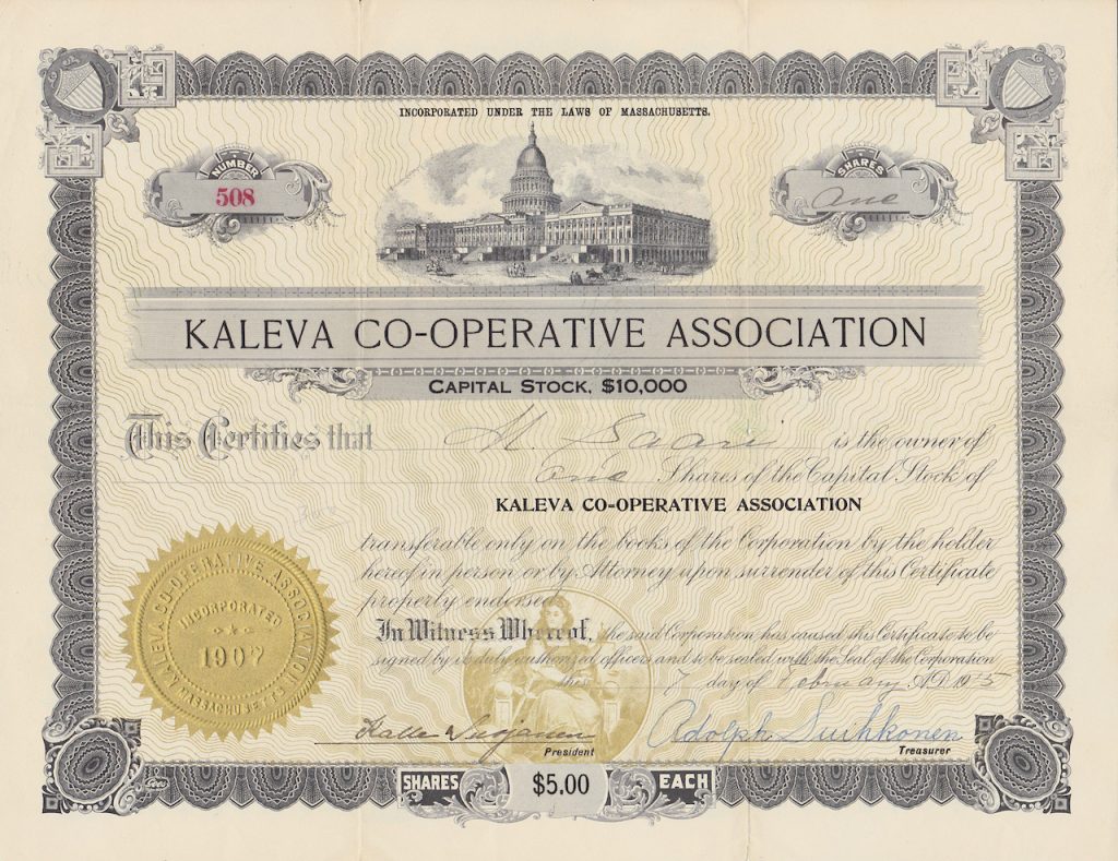 A 1907 certificate for the "Kaleva Co-operative Assocation" that certifies the shares of the co-operative. The shares are certified as $5.00 each at the bottom of the certificate. At the top is a drawing of a government building.