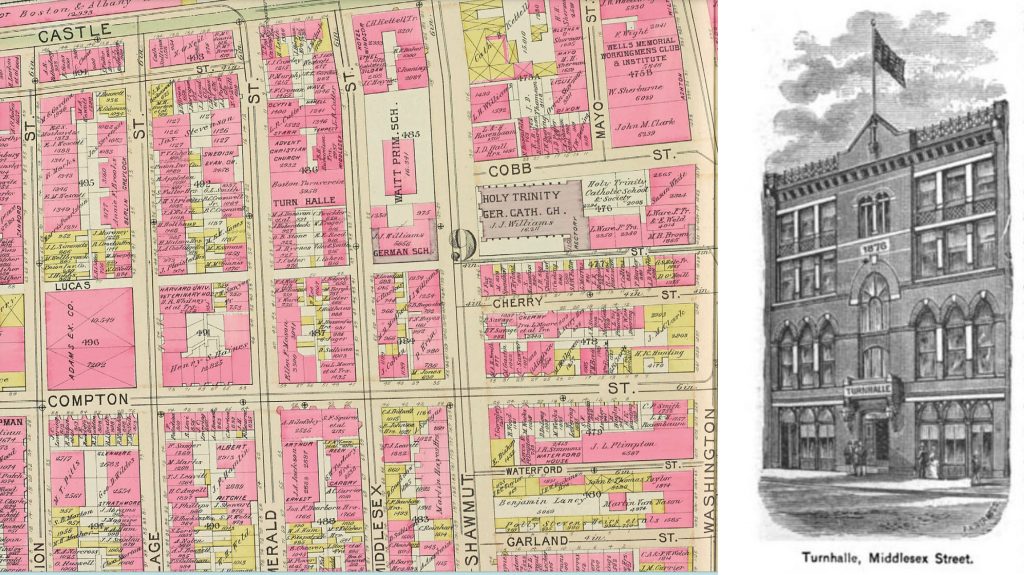 A map on the left side shows the German neighborhood of the South End, including a German Catholic Church, school, and Turnhalle. The latter, a decorative four-story building, is shown in a drawing on the right.