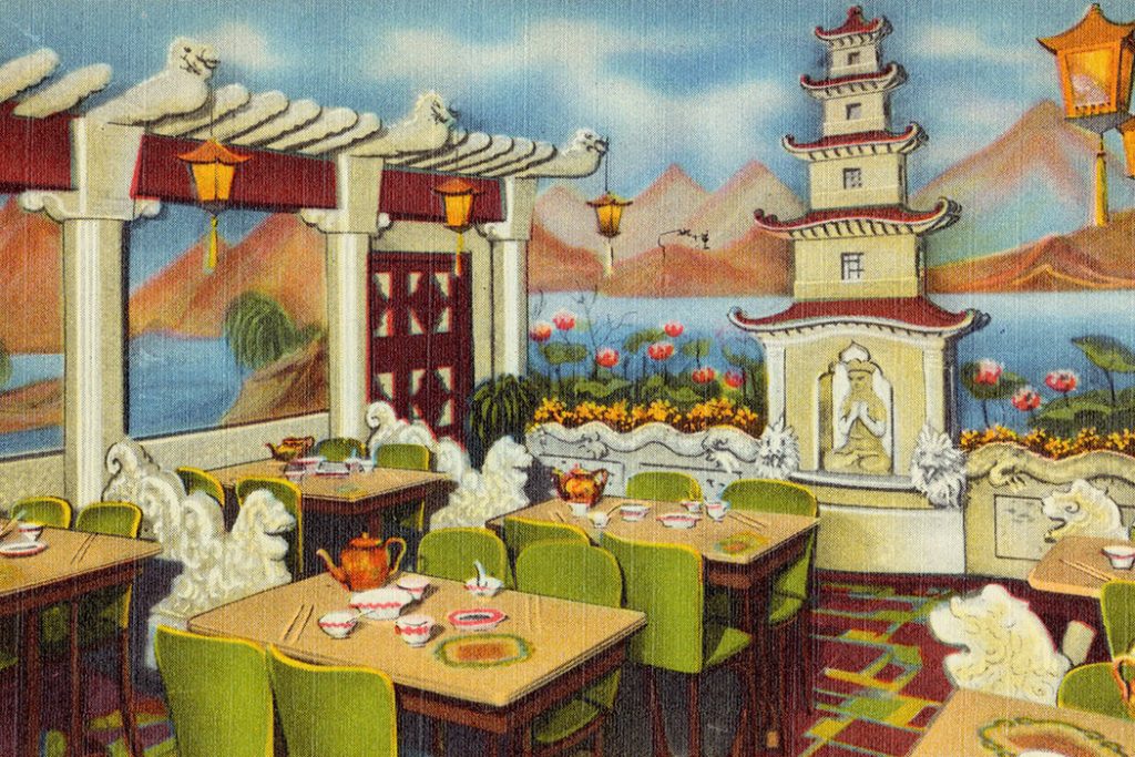 A colorful restaurant showing two tables, a pagoda structure, Chinese lanterns, and a wall mural of a mountain scene in China.