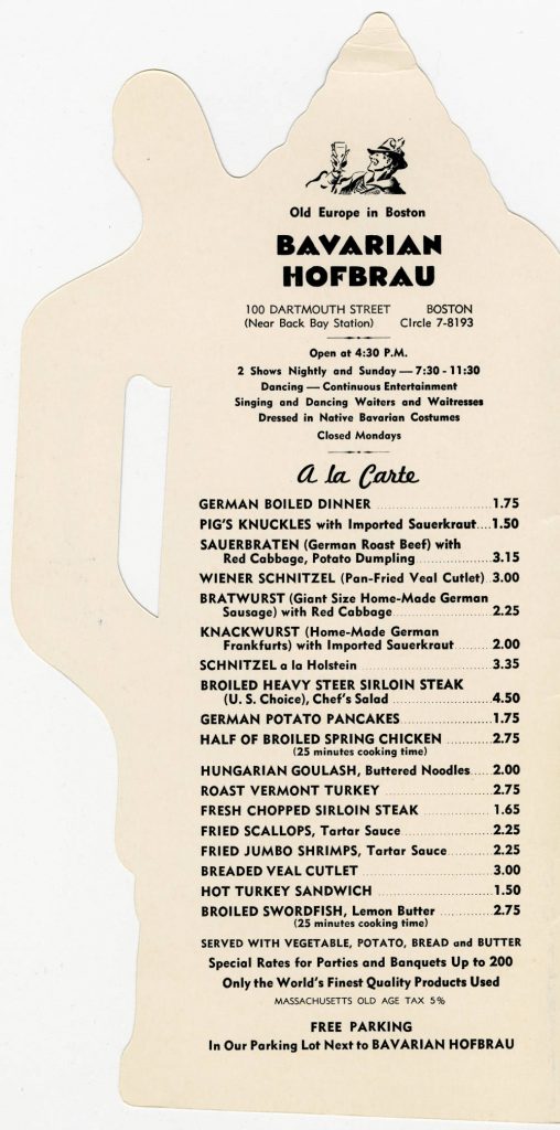 A menu listing a combination of German and American specials.