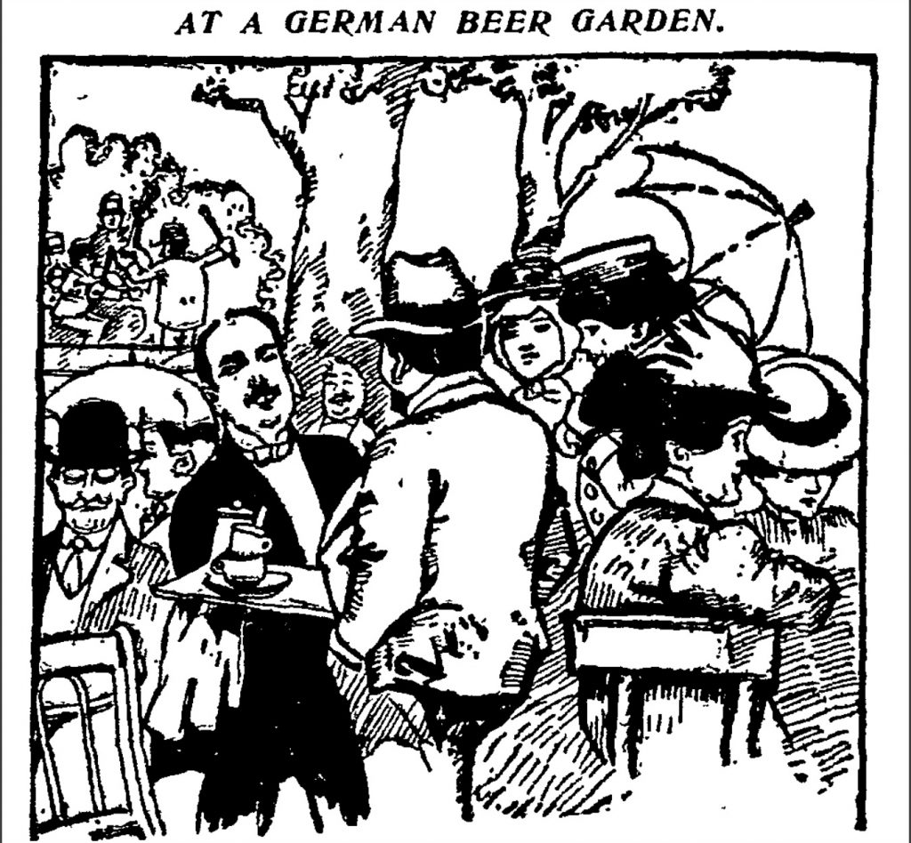A drawing of a waiter in a beer garden surrounded by a crowd of women and men patrons.