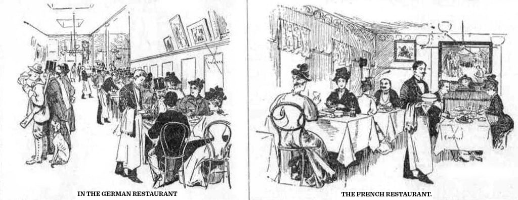 Two drawings showing a lively and diverse group of patrons in a German restaurant and a more austere elite setting of a French restaurant.