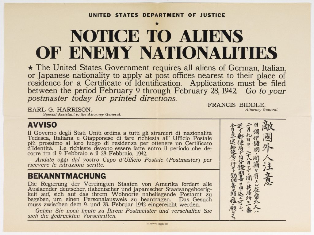 Printed poster titled "Notice to Aliens of Enemy Nationalities"